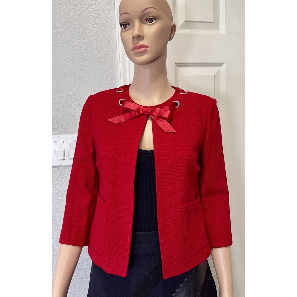 St John Red Knit Jacket Sz 2 Wool Blend Rhinestone Satin Bow Made USA NWOT